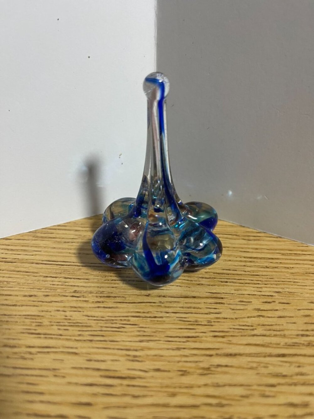Vintage 90s Blue Clear Glass Ring Holder Teardrop Design Hand-Blown Paperweight